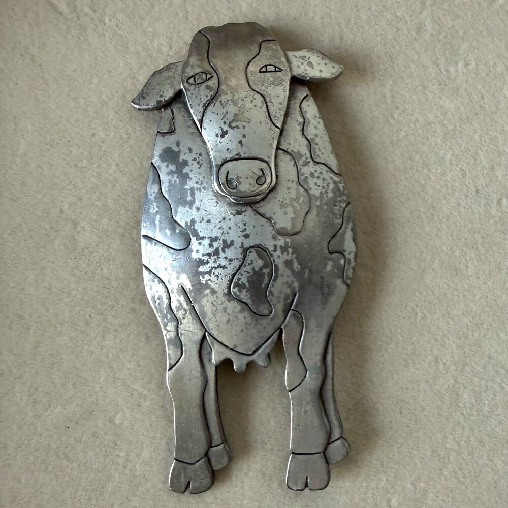 Vintage JJ Jonette Spotted Cow Brooch Pin Silver Tone Large Signed Farm Animal
